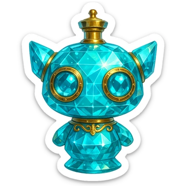 luxurious crystal elixir bottle shaped like a cute robot head, cyan color, lots of glowing, facets, ornaments, golden details, magical effects, very small golden neck, transparent background, beautiful merging base, clearly floating in air, no ground or shadow, premium class, friendly, playful, fits in a collection sticker