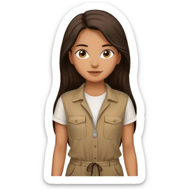 Keep everything the same, but change the outfit to a brown jumpsuit with a white t-shirt. Make the hair much longer and slightly darker in color. sticker