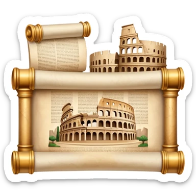 An icon featuring an ancient scroll, surrounded by famous historical landmarks and statues of notable figures, like the Colosseum or Napoleon. The design symbolizes the exploration of history through monuments and people. Transparent background highlights the pas sticker