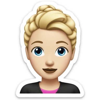 a woman with freckles, blue eyes, light skin, blonde straight hair with a bun, pink lips. black shirt. sticker
