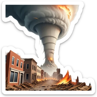 A vintage movie poster-style design with a dramatic scene of a natural disaster like an earthquake, tornado. Include crumbling buildings, flying debris and fiery explosions. The background should be chaotic, with a cinematic, apocalyptic vibe. Transparent background. sticker