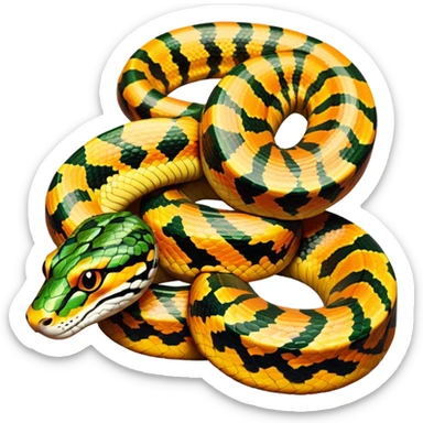 Tiger python coiled up on the ground, blending with the dense jungle foliage. Its distinct orange and black stripes stand out against the vibrant green of leaves and plants. Sunlight filters through the trees, highlighting the snake's patterned scales. Transparent background. sticker