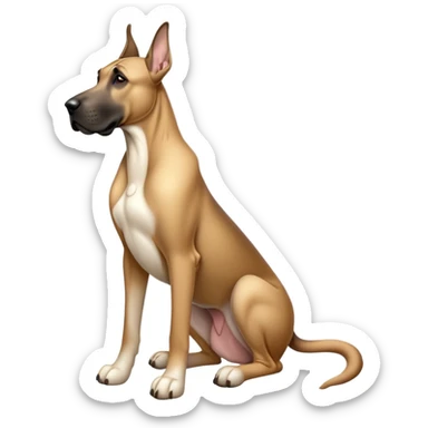 cinematic-[fawn great dane]-realistic-full-body-sitting-emoji,-tail-resting-loosely-beside-its-paws,-head-tilted-dramatically, ears down-sleek-[fawn]-fur,-simplified-yet-realistic-focused-features,-highly-detailed,-glowing-with-an-almost-sarcastic-glow sticker
