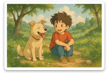 kid and his pet dog in studio ghibili style sticker