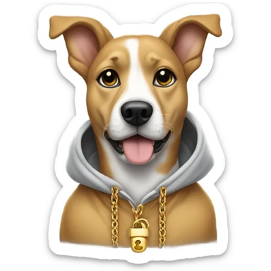 dog wearing a hoodie and gold chain with a paw pendel sticker