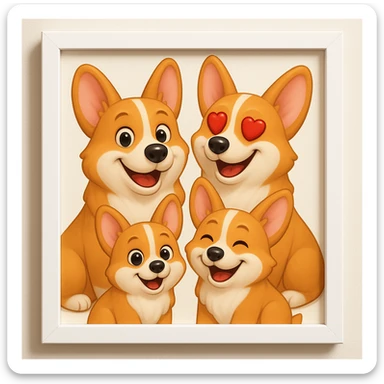 Make the lines and style of the corgi family photo match the 3D emoji look and line quality of the reference image, with smooth, soft shading and a playful, expressive feel. Keep the family photo in a modern white frame. The style should resemble the 3D emoji style with smooth and soft shading, playful and expressive. sticker