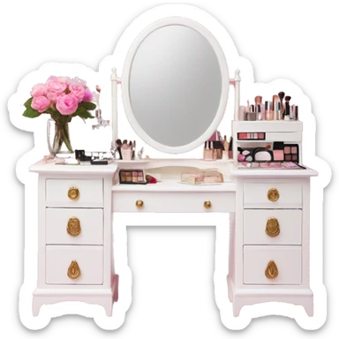 white vintage makeup vanity with pink accessories and flowers  sticker