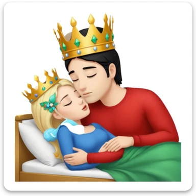 Blonde Queen with crown, Green eyes, naked, kissing man, naked, no crown, black hair, blue eyes, whole Body, Background sleeping room  sticker