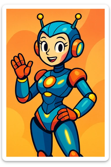 female robot, vibrant toon style, colorful, expressive face, futuristic details sticker