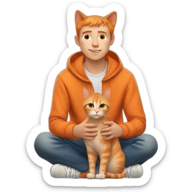 a orange cat sitting behind a teenage boy sticker