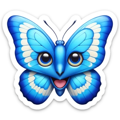 Cinematic Realistic Comical Blue Butterfly Portrait Emoji, Head tilted dramatically with an exaggeratedly amused expression, featuring striking, vividly detailed sapphire wings with playful, intricate patterns and wide, expressive eyes brimming with humorous disbelief, rendered with lifelike clarity and vibrant natural hues, high shine, dramatic yet playful, styled with an air of cheeky floral mischief, soft glowing outline, capturing the essence of a spirited and over‐the‐top blue butterfly that looks ready to flutter its way into viral fame! sticker