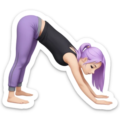 Девушка белокожая в позе собака мордой вниз, с длинными светло-лиловыми волосами, в черном топе, в серых спортивных штанах, с черными ресницами sticker