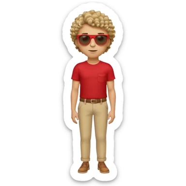 Emoji-style man in a red untucked shirt with rolled sleeves, beige trousers, and sunglasses. Short curly box-cut hair, long triangular face. Looking sideways, removing sunglasses with one hand, the other on his waist. sticker