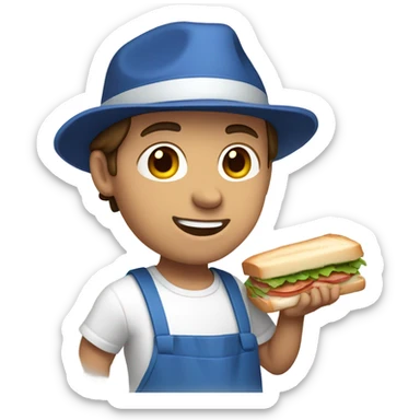 Male with brown hair and blue eyes with white shirt and blue apron with khakis and hat holding a sandwhich sticker