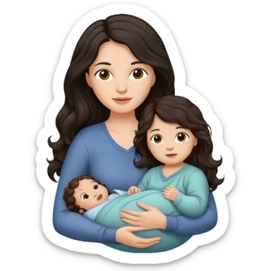 Mother long black wavy  hair  holding 1 infant brown hair fair skin sticker