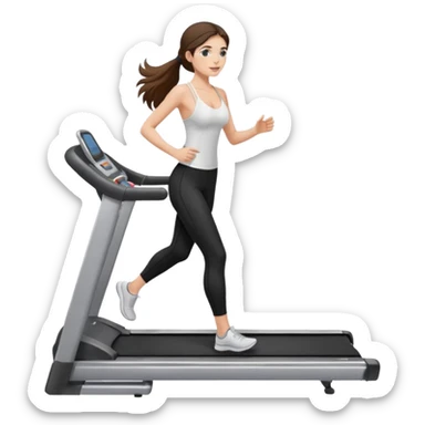 белокожая девушка на беговой дорожке, с правильной анатомией, брюнетка с длинными волосами, в белом топе на тонких лямках и в черных лосинах sticker