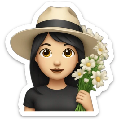 white skin, Girl with a hat, black hair straight to the shoulders, holding a bouquet of flowers sticker