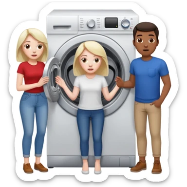 Eine Frau mit dem in der Waschmaschine feststeckt und zwei Männer die hinten an ihr ziehen um ihr zu helfen  sticker