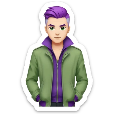 Confident man with purple hair and stylish green jacket, powerful stance like Thanos, modern fashion sticker