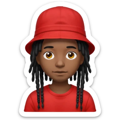 dark brown skin, black hair dreadlocks, wear red t-shirt, black bucket hat sticker