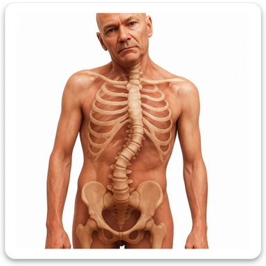 Create a hyperrealistic 3D medical illustration of a human body viewed from the front with one shoulder higher than the other, showing a crooked posture and evident scoliosis. The spine should be realistic, clearly visible, and visibly crooked. Emphasize the back pain and spinal deformity. Use the head and body position as in the reference image. sticker