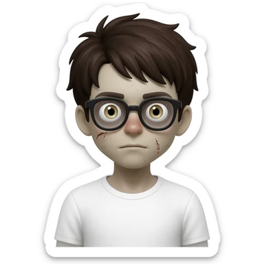 zombie boy with white tshirt and black brownish hair and with black glasses frames on hair is texturized young boy and round face sticker