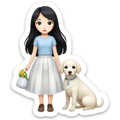 A girl with long black hair, a beautiful white skirt and fair skin is holding a white Labrador sticker