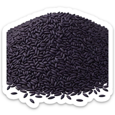 loose scatter of uncooked black rice grains, glossy elongated shape, deep purplish-black color, smooth slightly curved surface, subtle natural variations in tone, soft lighting, subtle shadows, emoji scale sticker