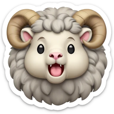 Cinematic Cute Yawning Ram Portrait Emoji, Head tilted slightly with a dramatic, wide-open yawn, showcasing a soft, woolly grey fur with gently drooping horns and ears, round dark eyes barely open in drowsy contentment, Simplified yet irresistibly adorable features, highly detailed, glowing with a soft, cozy glow, high shine, relaxed yet expressive, stylized with a touch of rugged whimsy, bright and endearing, soft glowing outline, capturing the essence of a sleepy yet affectionate ram, so drowsy it feels like it could stretch out of the screen and curl up for a nap! sticker