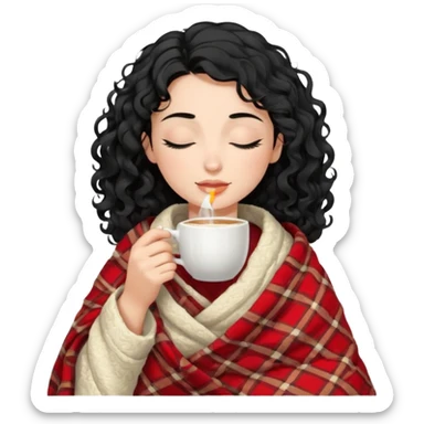 Gözleri kapalı, beyaz tenli ve dalgalı-kıvırcık siyah saçlı saç boyu orta omuzlarının biraz aşağısında bir kadın avatar, battaniyeye sarılmış halde beyaz bir Türk kahvesi fincanından içeceğini huzurla yudumluyor. sticker