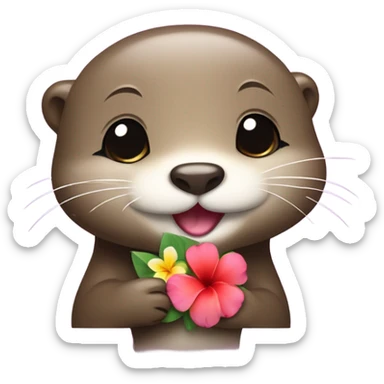A happy and cute otter face with a Hawaiian flower tucked behind its ear, holding a heart. sticker