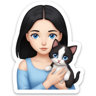 A A girl with black hair and blue eyes is holding a kitten sticker