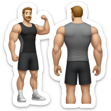 Full height realistic Actively gesturing with hands Pale skinned Fit Man With the biceps and brown hair in dark gray Sleeveless Mike, black oversize sports shorts, watch and white Sneakers sticker