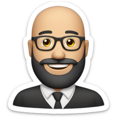 Bald man smiling with glasses and big brown beard with sticker