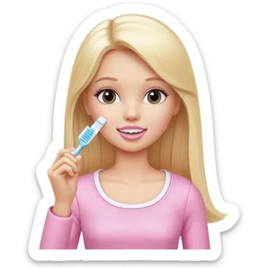 A white Barbie girl with long blonde straight hair in pale pink clothes brushes her teeth sticker