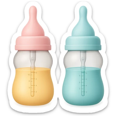 Adjust the shape of the two silicone baby bottle nipples to be more pointed and slim, keeping the wide base and soft, smooth, translucent look, with gentle curves, light pastel tones, and transparent background. sticker