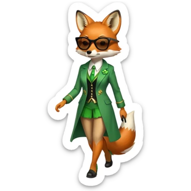 serious anthropomorphised female fox in stylish St. Patrick's Day outfit with sunglasses, walking with confidence, full-body view sticker