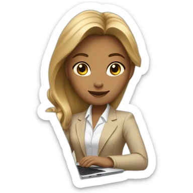 A girl in a beige business suit sits at a laptop sticker