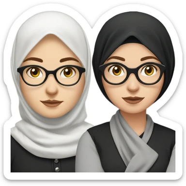 White girl wearing black hijab with cat eye glasses and there are moles on her chin and under the right eye. half body photo using gamis sticker