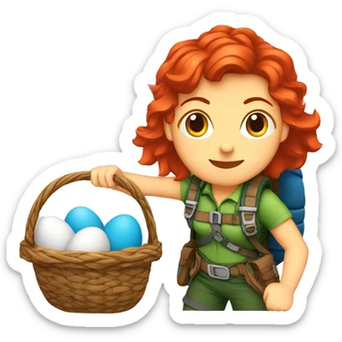 Female mountaineer red hair climbing with Easter eggsbasket and Greek flag sticker