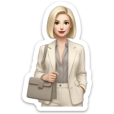 pale skin woman with ash blonde Straightened bob Hair, White Spacious classical jacket, beige palazzo Arrow pants and gray blouse holding RAL colour palette in the hands sticker