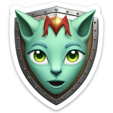 medieval shield: [politically incorrect, (
	{ female, alien, witch, color: light green, hair:red, eyes:cat} ]
	on a 
	[{ unicorn: white, legged:four, mane: light blue }]) sticker