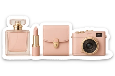 themed pink beauty with pink perfume bottle, pink lipstick, pink wallet, pink camera, all matching, elegant sticker