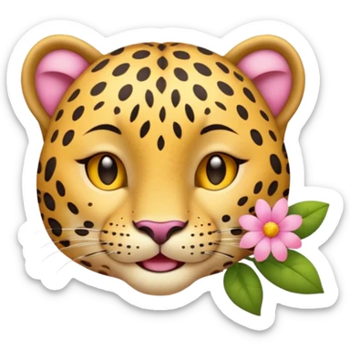 A leopard with eyes closed and a peaceful smile. A pink flower with a yellow center is tucked behind its right ear
 sticker