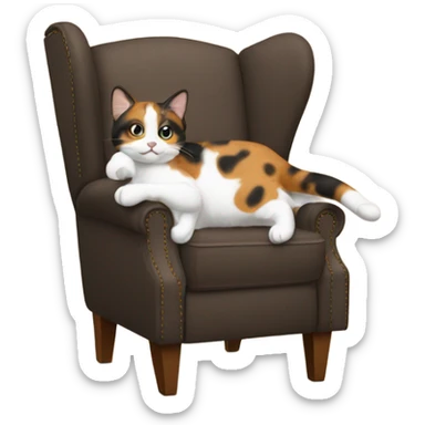 Calico kitty stand in front of brown recliner sticker