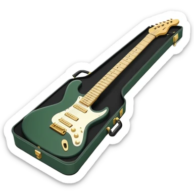 minimalist electric guitar in dark green, closed inside a black rectangular hard case with gold latches, soft matte textures, simplified details sticker
