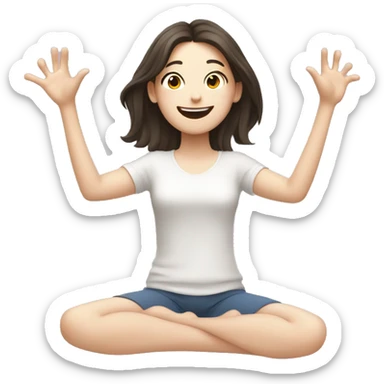 Happy pale girl wakes up in bed and stretches hands up in the air  sticker