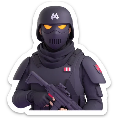 armed figure in all-black military clothing, shiesty mask, helmet, dramatic lighting sticker