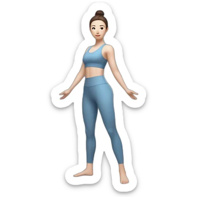 Pale skinned fit woman In a blue light tight yoga suit and wristbands With dark brown hair in a bun doing yoga sticker