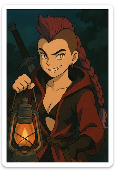 A sword maiden, mohawk, long braid with lavender tips hair, gold yellow eyes, blood red and black revealing hoodie, brandishing a lantern. Mischievous smirk sticker